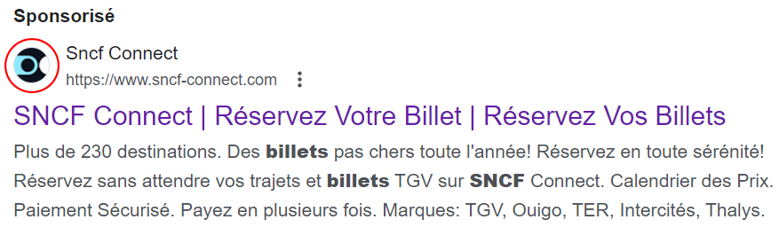 Capture d'écran de la recherche Google "SNCF Connect"